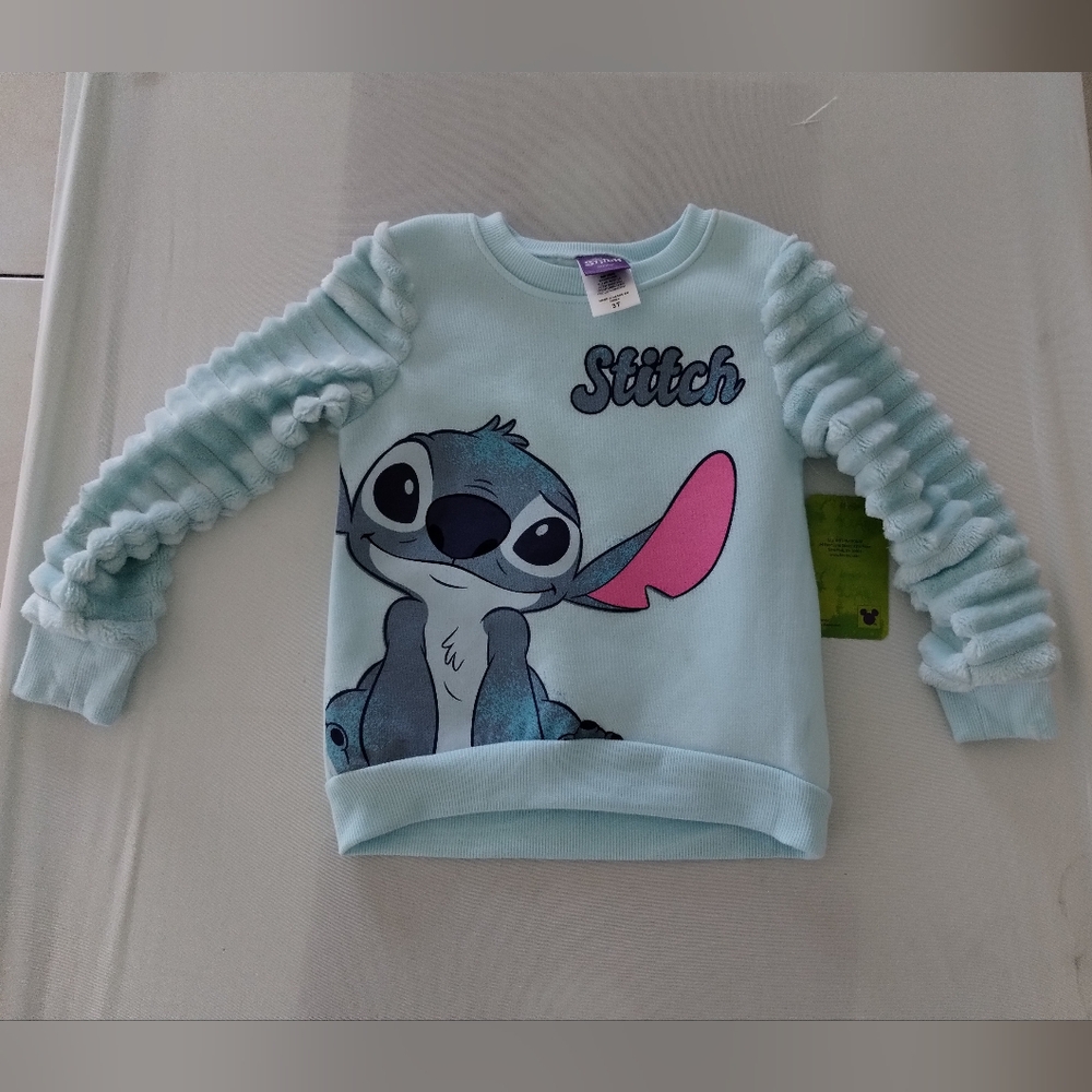 Disney Stitch Pullover Sweatshirt Fuzzy Sleeves Blue Crew Neck Top Size 3T